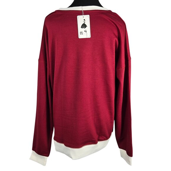 NWT | Burgundy Red Crewneck Sweatshirt White Contrast Trim Pullover | Small - Picture 2 of 5